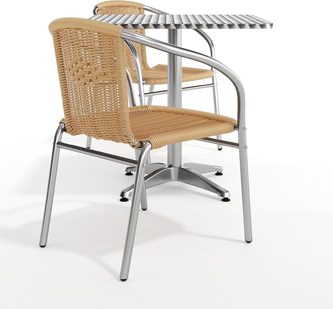 Flash Furniture 27.5'' Square Aluminum Indoor-Outdoor Table Set with 2 Beige Rattan Chairs | Indoor/Outdoor Use, Beige Rattan Chairs
