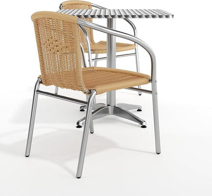 Flash Furniture 27.5'' Square Aluminum Indoor-Outdoor Table Set with 2 Beige Rattan Chairs | Indoor/Outdoor Use, Beige Rattan Chairs