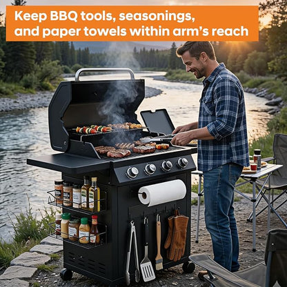 Magnetic Grill Caddy with Bins, BBQ Tool Organizer with Paper Towel Holder | Magnetic Grill Organizer, Magnetic Storage Rack, Fits Most Metal Gas Grills, Pellet Grills & Smokers