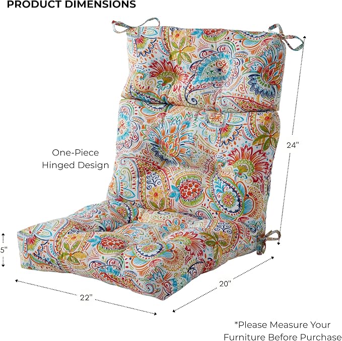 Outdoor Tufted High-Back Chair Cushions, One-Piece Hinged Seat and Back Design, Reversible with 4 Ties, Durable Polyester Fabric, Recycled Fiber Fill - Set of 2, Jamboree Paisley