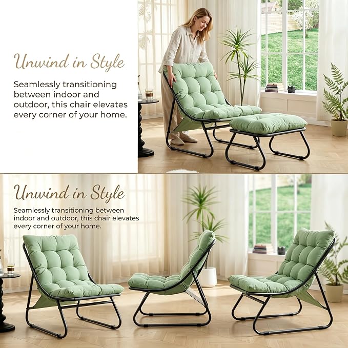 Rocking Chair with Ottoman, Modern Metal Frame Outdoor Rocker, Comfy Patio Lounge Chair with Footrest, Reading Glider Chairs for Living Room, Bedroom, Balcony, Garden, Relax, Light Green