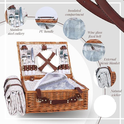 Wicker Picnic Basket Set for 4, Blanket, Cooler Bag, Classic Floral | Four-Person Wicker Set Includes Tableware, Insulated Food Storage and Waterproof Blanket for Parks, Camping, Dates and Gifts
