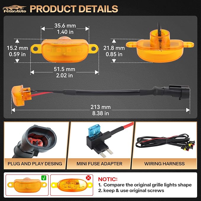 3PCS Amber LED Front Grille Lights for 2004-2019 Ford F150 Raptor Style Aftermarket Grill, with Harness and Fuse Accessories