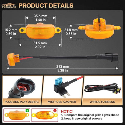 3PCS Amber LED Front Grille Lights for 2004-2019 Ford F150 Raptor Style Aftermarket Grill, with Harness and Fuse Accessories