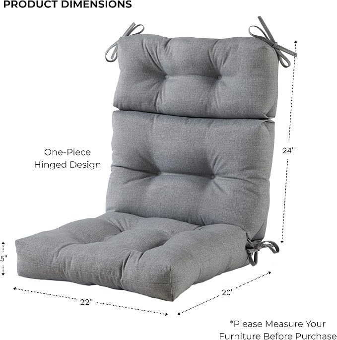 Outdoor Tufted High-Back Chair Cushions, One-Piece Hinged Seat and Back Design, Reversible with 4 Ties, Durable Polyester Fabric, Recycled Fiber Fill - Single, Heather Gray