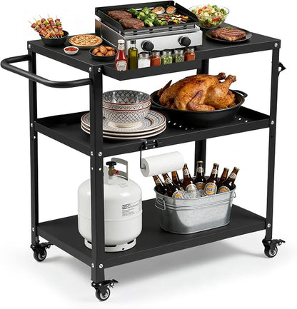 Grill Cart Table Indoor & Outdoor with 4 Lockable Casters, Hooks & Side Handle, Multifunctional Pizza Oven Stand for Patio Kitchen
