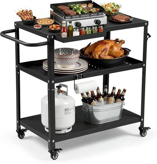 Grill Cart Table Indoor & Outdoor with 4 Lockable Casters, Hooks & Side Handle, Multifunctional Pizza Oven Stand for Patio Kitchen
