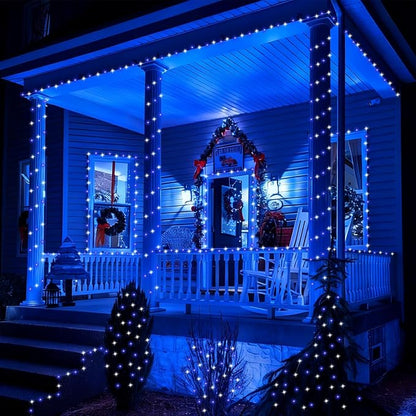 YEGUO 4 Pack Blue and White Solar Fairy Lights, Each 33ft 100 LED Christmas Lights Outdoor Waterproof, 8 Modes Sliver Wire Solar String Lights