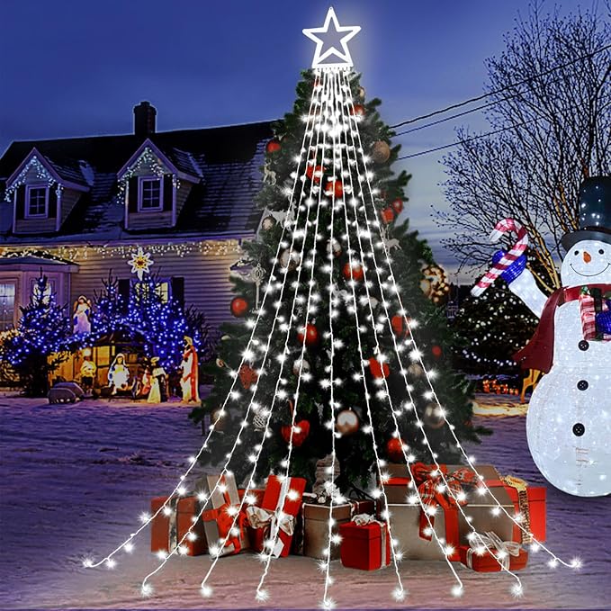 Christmas Decorations Star String Lights, 320 LED Waterfall Tree Lights with 13" Topper Star 8 Lighting Modes Indoor Outdoor Decorative for New Year, Holiday, Wedding, Party
