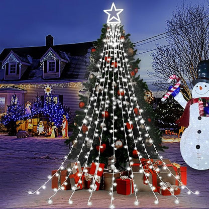 Christmas Decorations Star String Lights, 320 LED Waterfall Tree Lights with 13" Topper Star 8 Lighting Modes Indoor Outdoor Decorative for New Year, Holiday, Wedding, Party