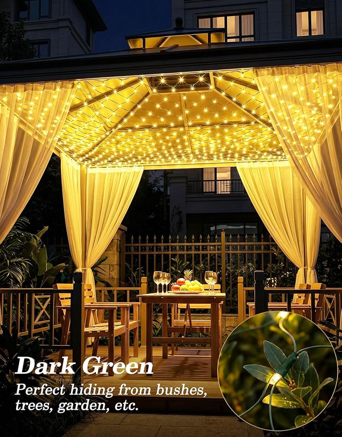 10x10FT Solar Christmas Net Lights Outdoor Waterproof with Remote | 240LED 8 Modes Solar & USB Powered Mesh Lights with Green Wire for Gazebo, Bush, Garden Shrubs, Lawn, Patio Decor, Warm White