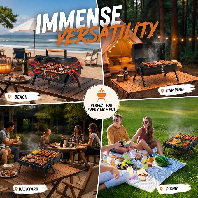 Tabletop Charcoal Grill, Portable Foldable Tabletop BBQ Grill with Dual Sided Griddle & Grill, Compact Folded Design, Thickened Body for Camping, Picnic & Outdoor Cooking