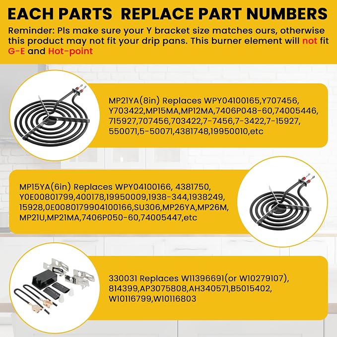 MP22YA Range Burner Element Set with 4pcs 330031 Receptacle Kit | 2 pcs MP21YA 8" & 2 pcs MP15YA 6", 4pcs 330031 Range Burner Receptacle Kit, Fit for Whirl-pool Ken-more Stoves