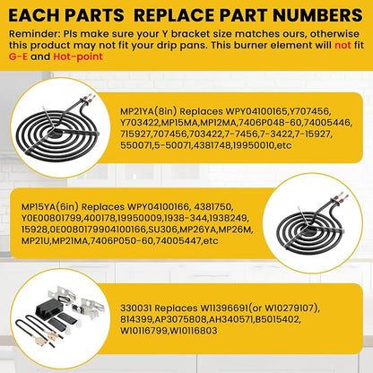 MP22YA Range Burner Element Set with 4pcs 330031 Receptacle Kit | 2 pcs MP21YA 8" & 2 pcs MP15YA 6", 4pcs 330031 Range Burner Receptacle Kit, Fit for Whirl-pool Ken-more Stoves