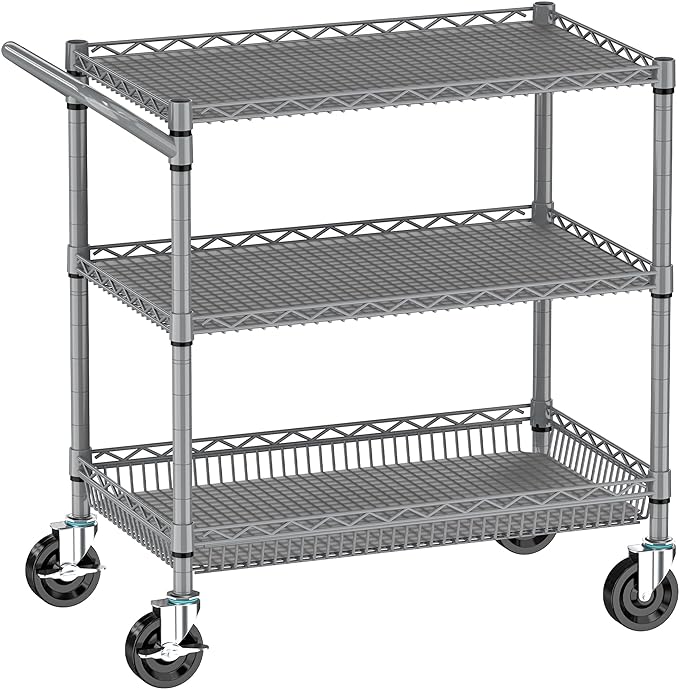 Folews Heavy Duty Rolling Cart with Wheels, 990LBS Metal Utility Cart | 3-Tier NSF Rolling Storage Organizer, Adjustable Shelves & Basket, Lockable Casters, Commercial Storage Trolley, Gray
