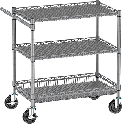 Folews Heavy Duty Rolling Cart with Wheels, 990LBS Metal Utility Cart | 3-Tier NSF Rolling Storage Organizer, Adjustable Shelves & Basket, Lockable Casters, Commercial Storage Trolley, Gray
