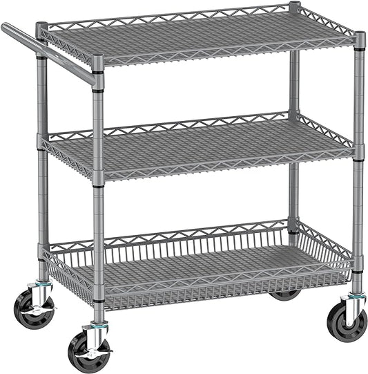 Folews Heavy Duty Rolling Cart with Wheels, 990LBS Metal Utility Cart | 3-Tier NSF Rolling Storage Organizer, Adjustable Shelves & Basket, Lockable Casters, Commercial Storage Trolley, Gray