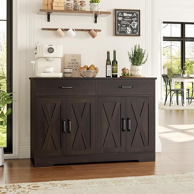 HOSTACK Buffet Cabinet with Storage, 47.2" Kitchen Sideboard Buffet with Drawers, Modern Farmhouse Coffee Bar Station with Shelves, Barn Doors Storage Cabinet for Living Room, Dark Brown