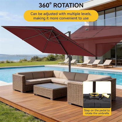 9x12 FT Cantilever Patio Umbrella with Base, Large Rectangular Offset Outdoor Umbrella with 360° Rotation, Heavy Duty Shade Umbrella for Garden Backyard Deck Poolside Courtyard, Red