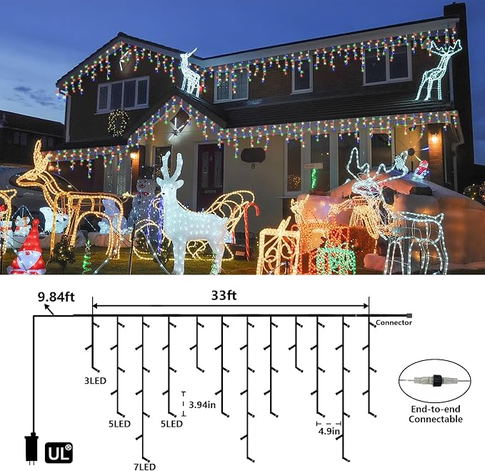 QITONG Multicolor Icicle Lights for Outside, 33ft 400 LED String Lights Indoor, Clear Wire Connectable Icicle Christmas Lights Plug in with 8 Modes