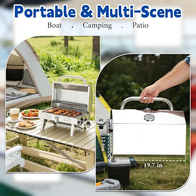 304 Stainless Steel Boat Grill, Portable Propane Marine Grill with Rod Holder Mount, Pontoon Boat BBQ Grill, 208 Sq.In Cooking Area