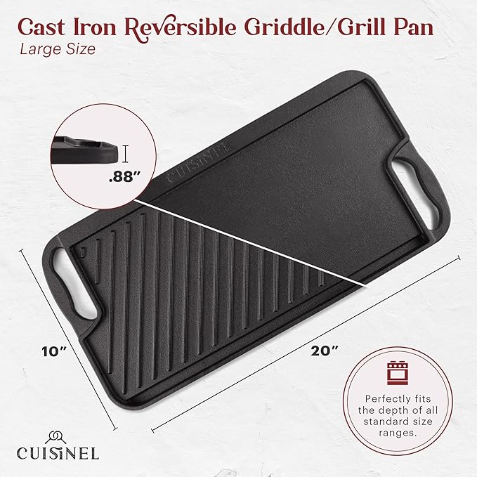 Cuisinel Cast Iron Griddle/Grill + Burger Press + Pan Scrapers - Reversible Pre-Seasoned 20" X 10" Dual Handle Flat Skillet + Griller Pan + Cleaning Accessories - Use Indoor/Outdoor Stove Burner, Gas
