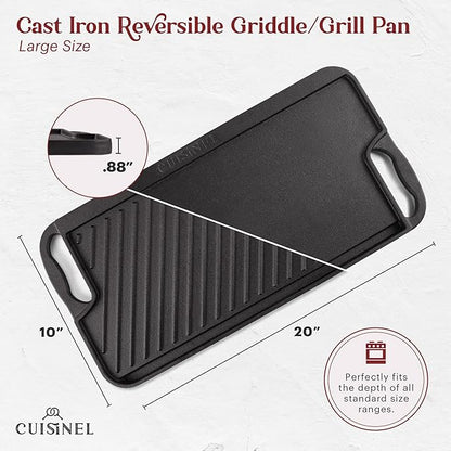 Cuisinel Cast Iron Griddle/Grill + Burger Press + Pan Scrapers - Reversible Pre-Seasoned 20" X 10" Dual Handle Flat Skillet + Griller Pan + Cleaning Accessories - Use Indoor/Outdoor Stove Burner, Gas