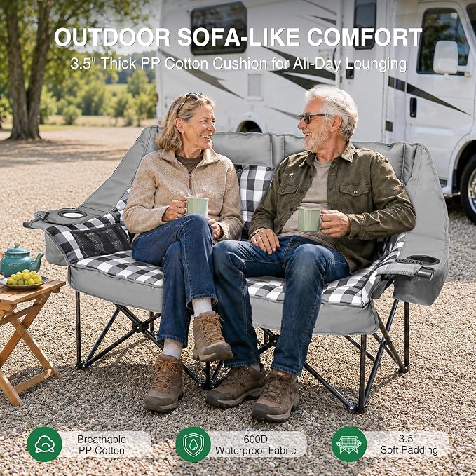 HOPERAN Double Camping Chair 800lbs Camping Couch Folding Loveseat, Grey | 59" Wide Seat, 600D Fabric, Thickened Padding, Cooler Bag, Side&Rear Pocket, Cup&Wine Glass Holder, for Lawn Patio Beach