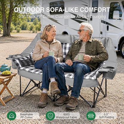 HOPERAN Double Camping Chair 800lbs Camping Couch Folding Loveseat, Grey | 59" Wide Seat, 600D Fabric, Thickened Padding, Cooler Bag, Side&Rear Pocket, Cup&Wine Glass Holder, for Lawn Patio Beach
