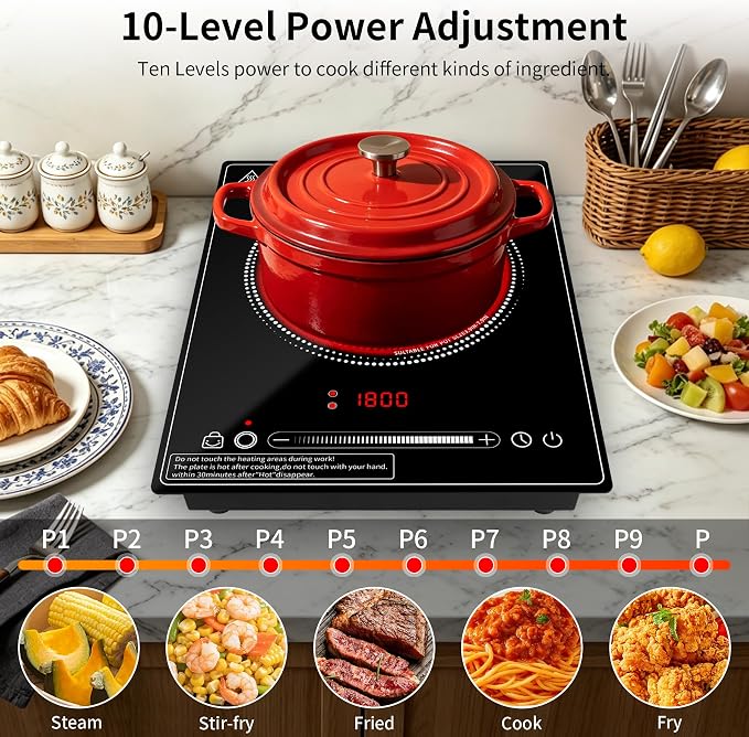 Single Burner Electric Cooktop,110V 1800W portable cooktop,Electric Stove Top with LED Knob Control,10 Power Levels, 2HTimer, Safety Lock, portable cooktop Overheat protection