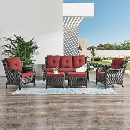 Rilyson Outdoor Patio Wicker Sofa 900Lbs Weight Capacity, Large 3 Seater Wicker Patio Couch with 4in Seat Cushions and Deep Seating, All Weather for Backyard, Garden, Poolside (Brown/Red)