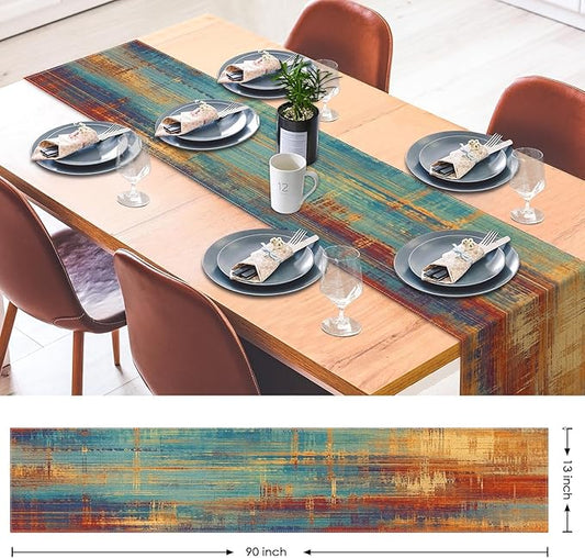 Emvency Blue and Orange Table Runner, Vintage Abstract Messy Rust Painting Dining Decor for Kitchen Coffee Table Family Dinners Holiday Parties Wedding Events Decor(13x90 inch)