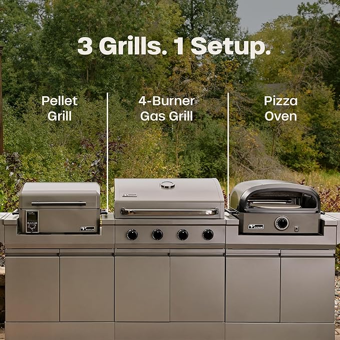 Tytus Anaheim 4-Burner Gas Grill with Two Prep Carts, Pellet Smoker, and Pizza Oven - Modular Outdoor Kitchen, Quick Assembly, Grill for Outdoor Cooking, Kitchen Island for BBQ