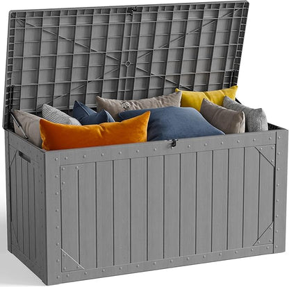 100 Gallon Outdoor Storage Box, Waterproof Resin Deck Box Organizer for Patio Cushion Storage, Lockable Outside Container for Garden Tools