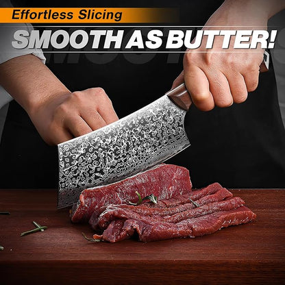 Huusk Meat Cleaver Knife Japanese Kitchen Knife 6.4 Inch, Hand Forged Butcher Knife for Meat Cutting, Vegetable Chopping Knife High Carbon Steel Damascus Pattern Chef Knife Cooking Gift Idea