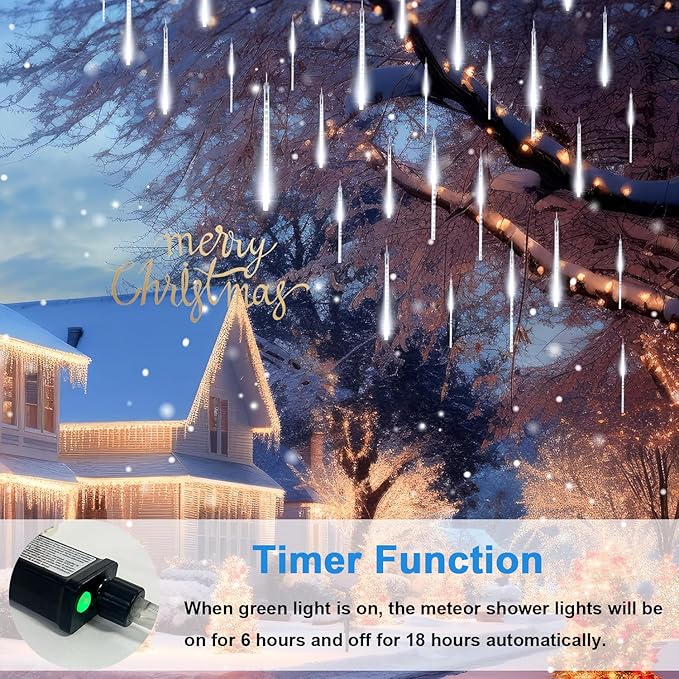 Aluan Christmas Lights Outdoor Meteor Shower Lights White 16 Inch 10 Tubes 360 LED Falling Rain Light Waterproof Snowfall Dripping Icicle Light for Xmas Tree Holiday Decoration Yard Porch Patio