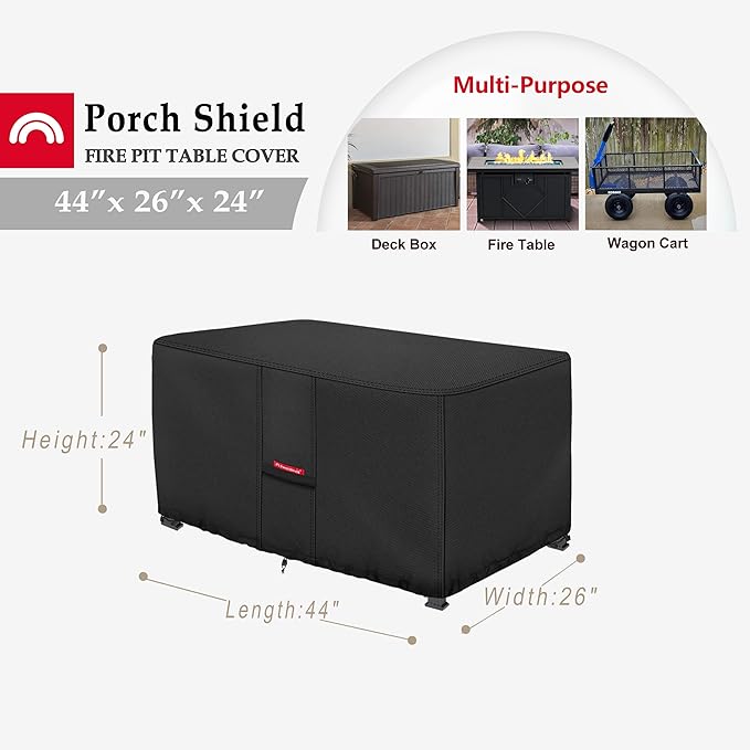 Porch Shield Patio Fire Pit Cover - Waterproof 600D Outdoor Rectangular Gas Fire Table Cover Deck Box Protector - 44 x 26 inch, Black