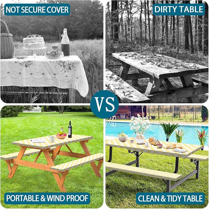 Picnic Table Cover with Bench Covers and Bag, Yellow White Checkered Gingham Buffalo Plaid Camping Tablecloth Waterproof Windproof Elastic Edges Fitted Tablecloths for Outdoor Garden 3PCS 30x60 Inch