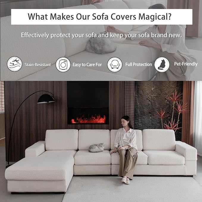 OHSIO Couch Cushion Covers for Sectional Sofa, Stretch Soft Sofa Slipcovers Washable Wear-Resistant Universal Furniture Protector for Living Room(3 Seaters Covers, Ivory)