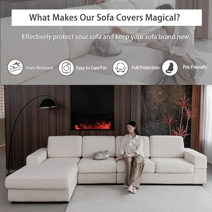 OHSIO Couch Cushion Covers for Sectional Sofa, Stretch Soft Sofa Slipcovers Washable Wear-Resistant Universal Furniture Protector for Living Room(3 Seaters Covers+1 Chaise Cover, Ivory)