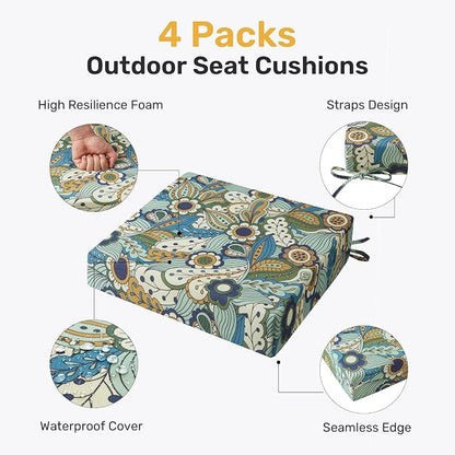 Outdoor Chair Cushions, Set of 4, 24"*24"*4", Water Resistant, Sun Flower | High-Density Foam Patio Cushions with Ties, UV & Fade Resistant, Square Corner Seat Cushions for Outdoor Furniture