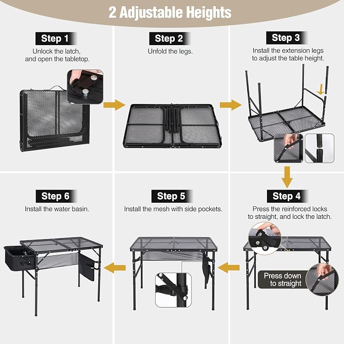 REDCAMP Folding Portable Grill Table with Sink for Outside, Lightweight Aluminum Metal Grill Stand Picnic Table for Camping Cooking BBQ RV Picnic, 2 Heights Adjustable,Black 36"x20"