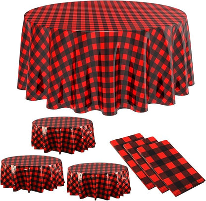 Disposable Checkered Tablecloth Round Plastic Buffalo Plaid Table Cloth 84'' Gingham Tablecover for Picnic Camping BBQ Graduation Party (Red and Black,3 Pieces)