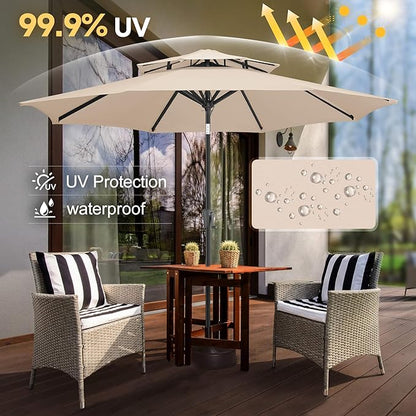 FLAME&SHADE 9ft Patio Umbrella - 2 Tiers Outdoor Umbrella with Push Button Tilt and Crank for UV Protection, Table Market Umbrella for Garden, Deck, Backyard, Pool and Beach(Beige)