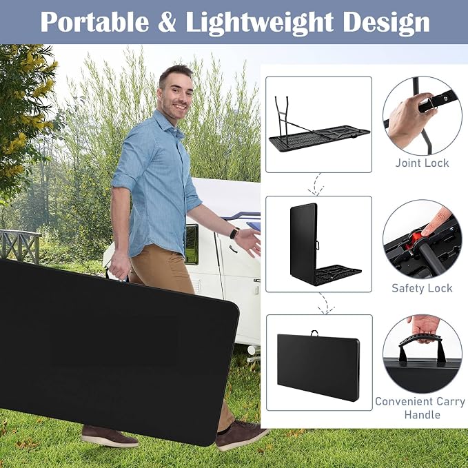 Tangkula 8 FT Folding Table, Indoor Outdoor Foldable Plastic Table | HDPE Tabletop, Sturdy Metal Fame, Carrying Handle, Heavy Duty, Portable ,Fold-in-Half, for Picnic, Camping, BBQ, Party
