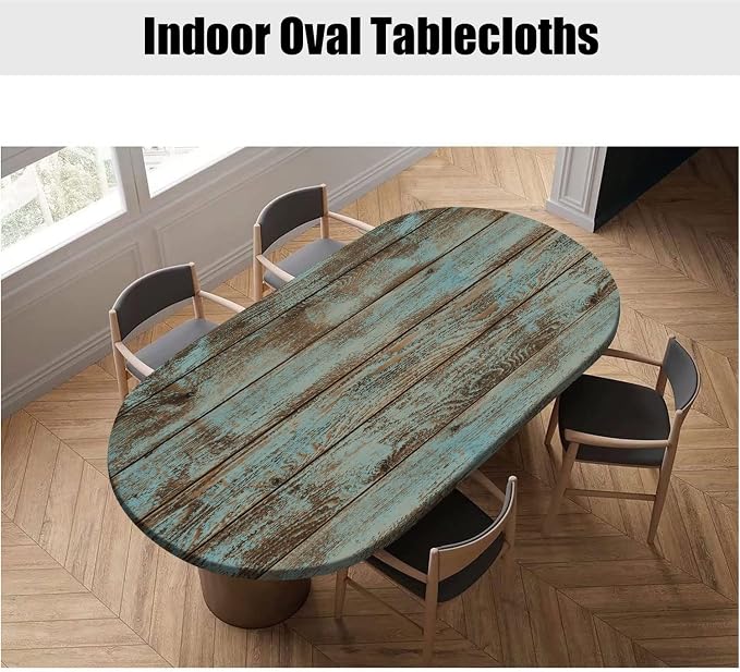 Wood Grain Fitted Oval Tablecloths, Green Rustic Weathered Wooden Planks Windproof Polyester Table Covers, Fits to 52x70 in Tables, Table Cloths for Indoor Restaurant Outdoor Terrace Dining Decor