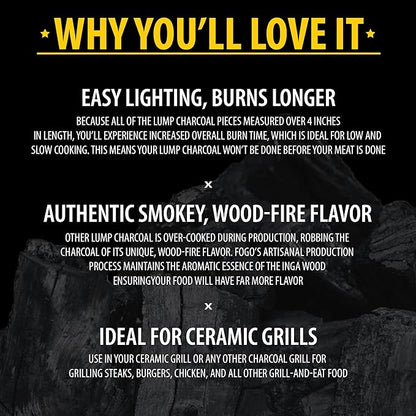 FOGO Super Premium Hardwood Lump Charcoal, Natural, Large Sized Lump Charcoal for Grilling and Smoking, Restaurant Quality, 35 Pound Bag