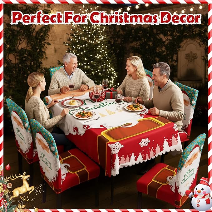 7 Pcs Christmas Tablecloth and Chair Covers Set Stretchable Washable Red Santa Holiday Table Cover and Seat Protector Slipcovers for Xmas Dining Room Kitchen Party(Rectangle,55 x 80 Inch)