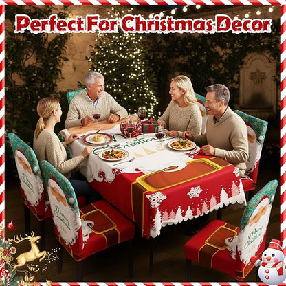 7 Pcs Christmas Tablecloth and Chair Covers Set Stretchable Washable Red Santa Holiday Table Cover and Seat Protector Slipcovers for Xmas Dining Room Kitchen Party(Rectangle,55 x 80 Inch)