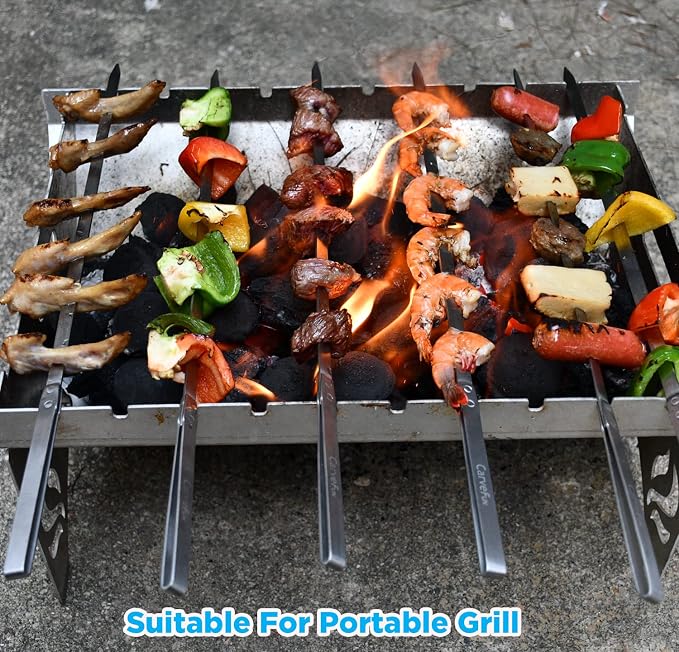 Innovative Thermal Insulation Handle BBQ Skewers Set - 6 Stainless Steel Wide BBQ Kebob Sticks For Grill - Flat Metal With 1 Food Remover Bar - 16.7' Inch Metal Kabob Skewers